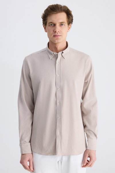 Ds Damat Regular Fit Beige Striped Patterned Cotton Shirt