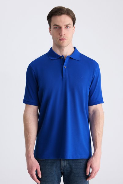 Ds Damat Regular Fit Cobalt Blue Pique Textured 100% Cotton T-Shirt