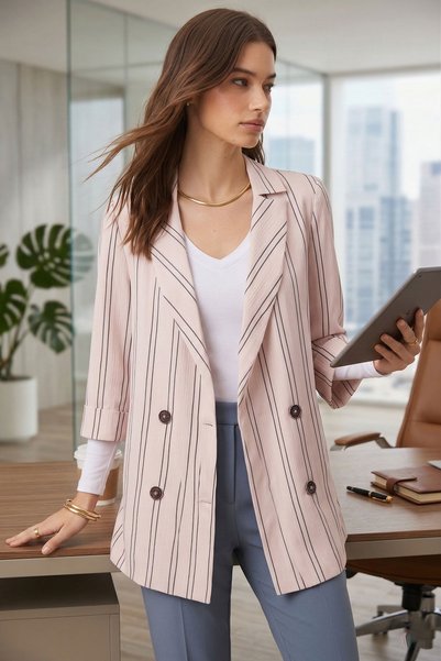 Women's Cream Oversized Double Sleeve Double-Breasted Collar Lined Blazer Jacket Arm-26K001052
