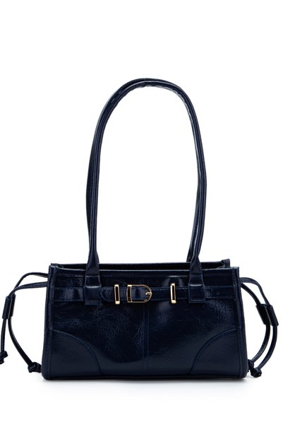 Belt Detail Artificial Fishbone Leather Women's Shoulder Bag Bag Girls Navy Blue
