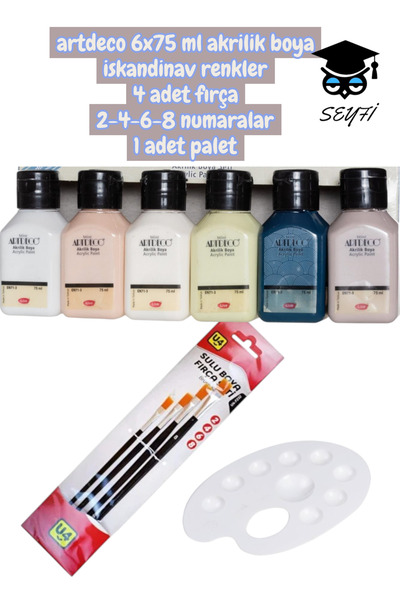 Artdeco 6X75 ml Acrylic Paint Scandinavian Colors 4 Brushes 2-4-6-8 Numbers 1 Palette