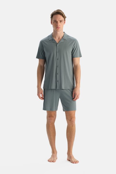Gray Blue Short Sleeve Shirt Shorts Set