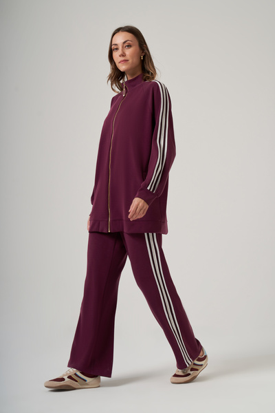 Zipper Detailed Stone-Embellished Trousers Suit 1092 Plum