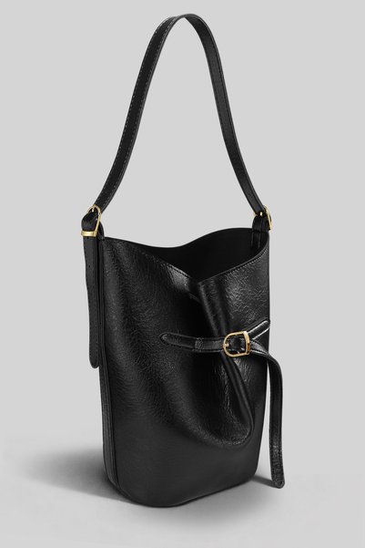 Luna Black Bucket Shoulder Bag - Adjustable Shoulder Strap, Gold Accessories