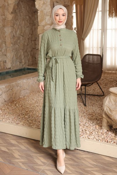 Çağla Elastic Sleeves Buttoned Waist Tie-Detail Gofre Dress