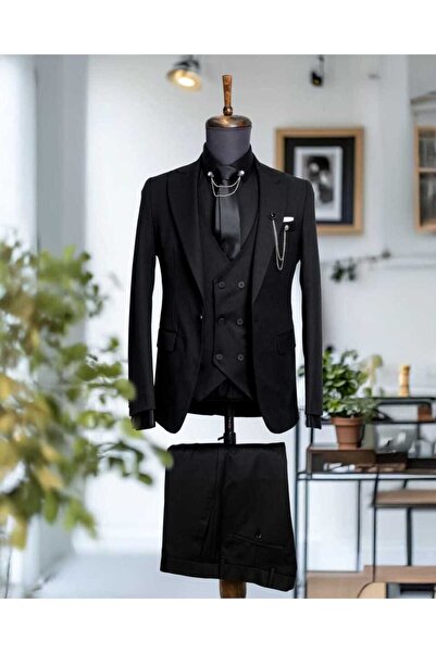 Костум со елек со шпиц јака црн Nikol - Slim Fit