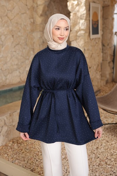 Navy Blue Stone Detail Slit Oversize Tunic