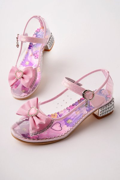 Ponyta Transparent Glittery Bow Detail Strappy Girls' Heeled Evening Dress Shoes