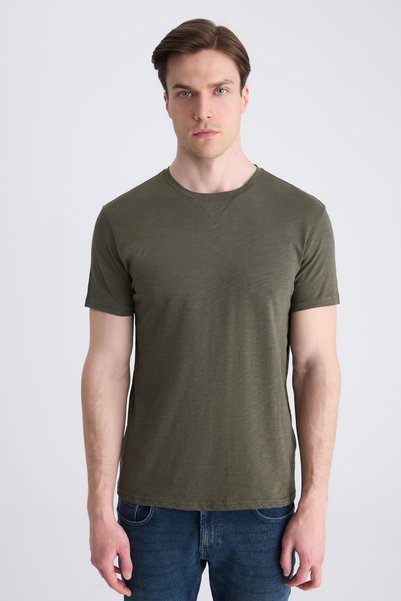 Slim Fit Khaki Plain 100% Cotton T-Shirt