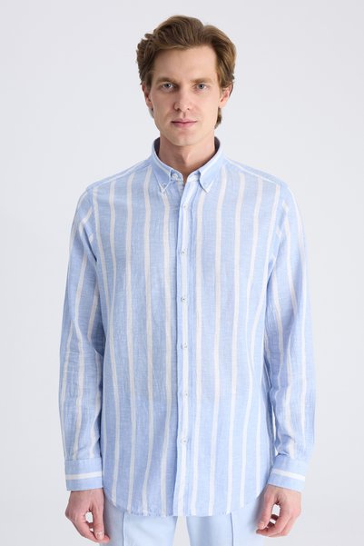 Ds Damat Comfort Blue Stripe Patterned Linen Blend Shirt