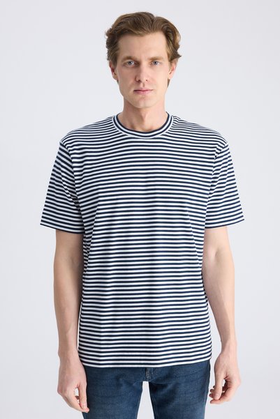 Ds Damat Regular Fit Navy Blue Striped Cotton T-Shirt