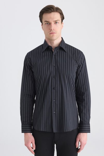 Ds Damat Slim Fit Black Dobby Shirt