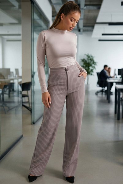Women's Beige Wide Leg Fabric Trousers Arm-26K001053