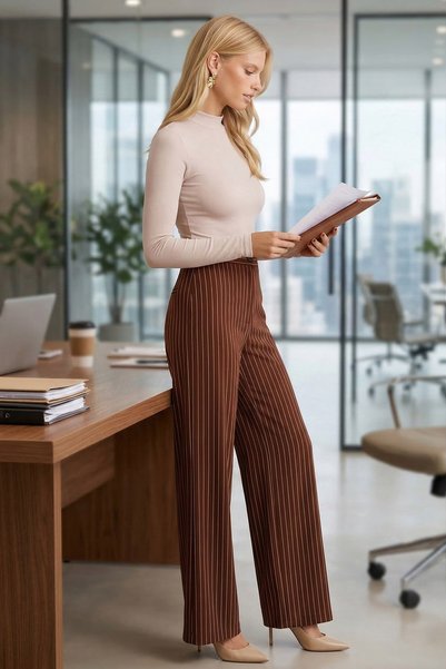 Women's Brown Wide Leg Fabric Trousers Arm-26K001053