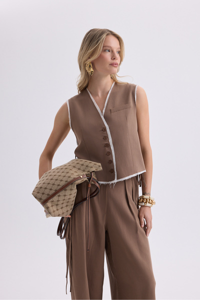 Shonas Lace Detail Brown Vest Pants Suit