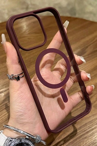 iPhone 16 Pro Magsafe Compatible Burgundy Transparent Phone Case Shock-Absorbing Premium Case
