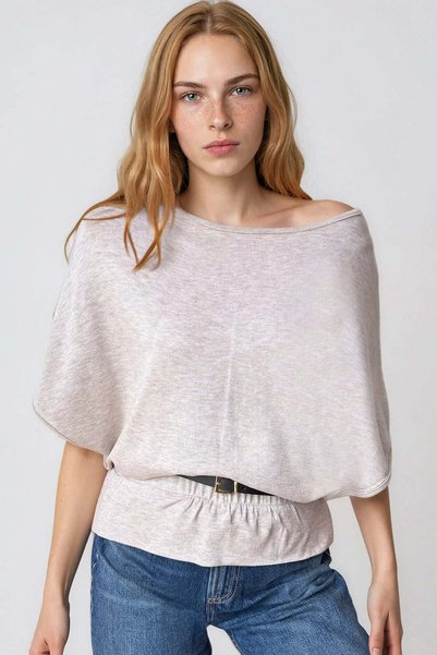Women's beige boat neck Belt Detail knitted blouse alc-x15403