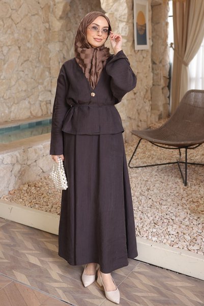 Brown Batwing Sleeve Jacket Skirt Set