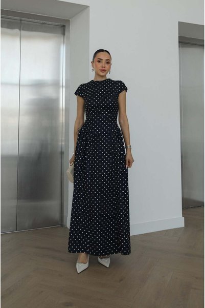 Navy Blue Munsin Waist-Fitted Polka Dot Piece Dress