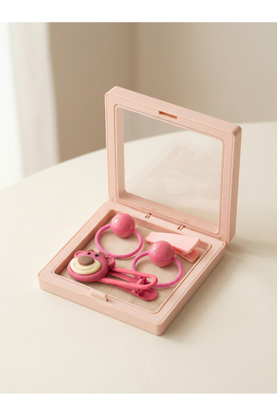 Girl's 4-Piece Teddy Bear Buckle Set in Plastic Box, Light Pink
