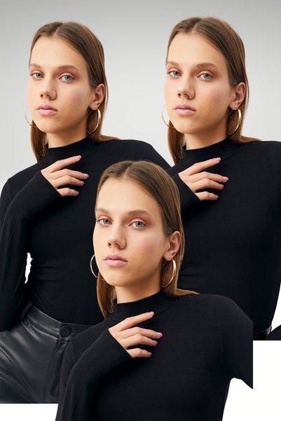 Women's Black 3-Piece Finger Detailed Bodysuit