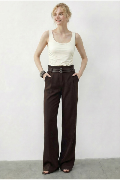 Women's Bitter Brown Double Belt Detailed Pocketed High Waist Palazzo Trousers 347 60286046