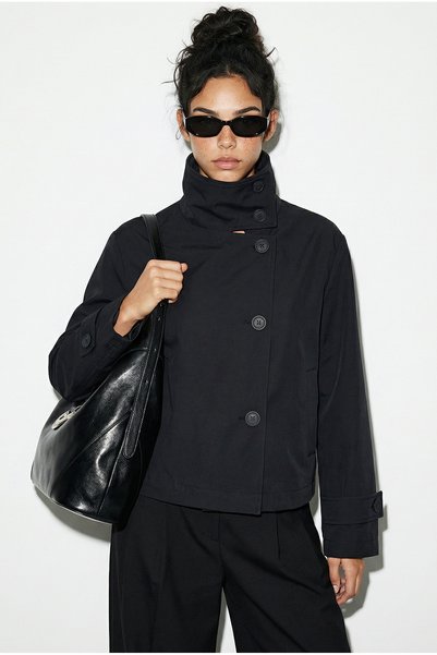 Women's Black Stand Collar Lined Short Trench Coat with Pocket Detail 2081 60283980