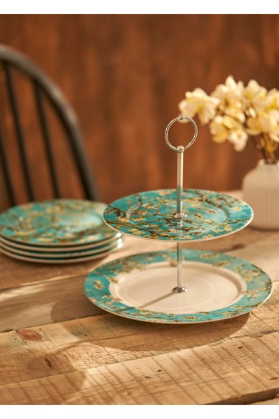 Van Gogh Almond Blossom Porcelain 2-Tier Cookie Holder Turquoise