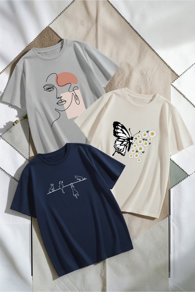 Unisex Gray Navy Blue Beige 3-Piece Design T-Shirt Set