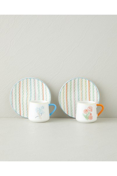 Lyanna New Bone China 4 Piece Coffee Cup Set for 2 People 90 ml Colorful