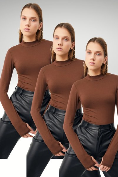 Women's Bitter Brown 3-Piece Body Suit with Finger Detail