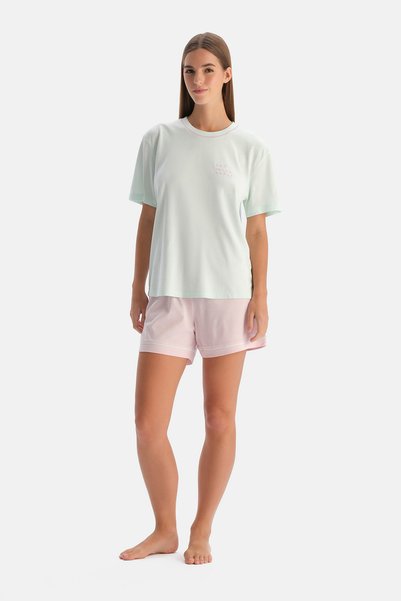 Water Green Short Sleeve T-Shirt with Print Detail and Shorts Set