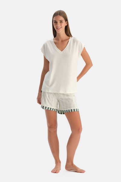 Ecru V-Neck Off-Shoulder T-Shirt Shorts Set
