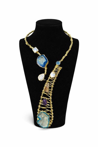 Agate, Amethyst and Stone Detail Brass Special Design Necklace