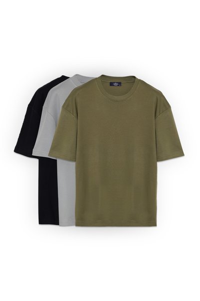 Unisex 3-Pack Black-Grey-Green Oversize Wide Cut 100% Cotton Basic Crew Neck T-Shirt 3-Pack Ti