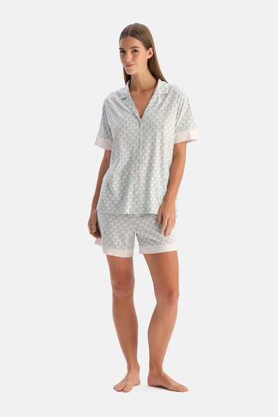 Light Blue Floral Cotton Modal Shirt Shorts Set