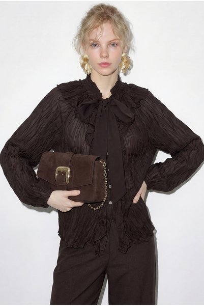 Women's Bitter Brown Collar Tie-Up Shirt with Flounce Detail and Wrinkle Effect 0943 60286055