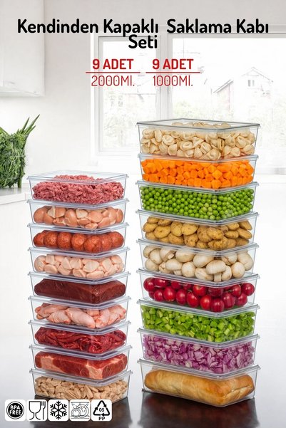 Set of 18 Self-Closing Storage Containers Suitable for Deep Freezer 1 Lt. and 2 Lt.