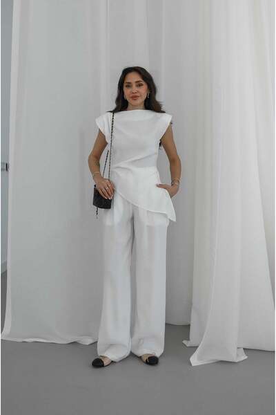 Ecru Backo Padded Asymmetrical Blouse and Trousers Set