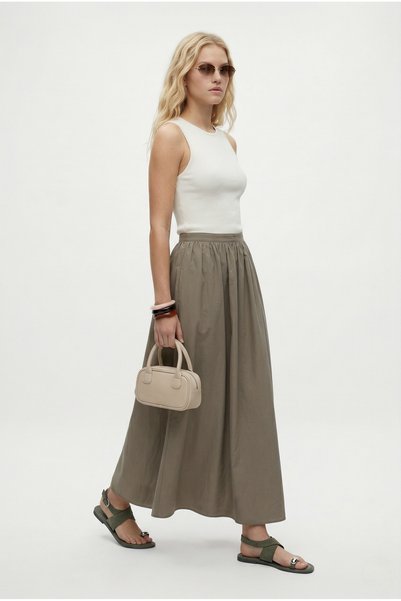 Women's Emilia Lined Zippered Gathered Waist Khaki Woven Long Skirt