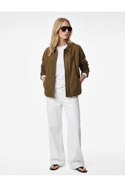 Long Sleeve Pocketed Zippered Faux Suede Jacket