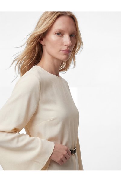 Long Batwing Sleeves, Crew Neck, Viscose Belt Detail, Flounce Oversized Blouse