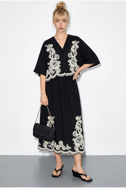 Women's Black and White Embroidery Detailed Bat Sleeve Shirt Lined Skirt Bottom-Top Set 60283438