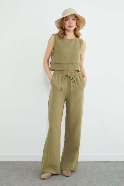 Elastic Waist Pocket Muslin Fabric Trousers