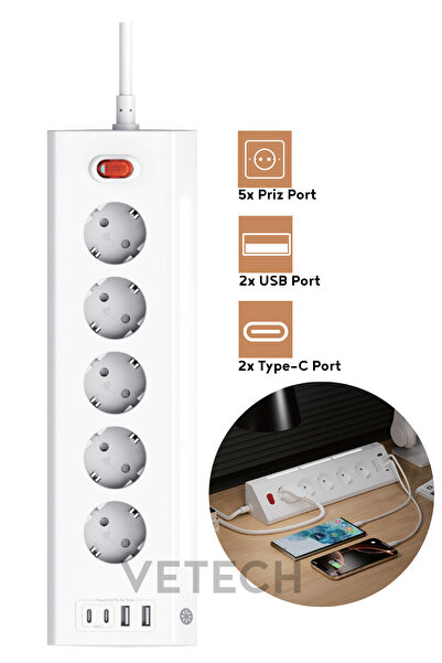Десктоп приклучница со заштита од пренапон 5x приклучоци, 2x USB, 2x Type-C влез со LED осветлување