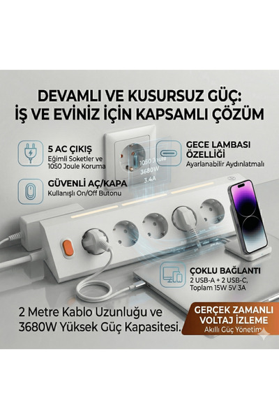 Мулти-приклучок со 5 влеза, ноќно светло и заштита од пренапон, со 2XUSB 2XType-C излези и продолжен кабел
