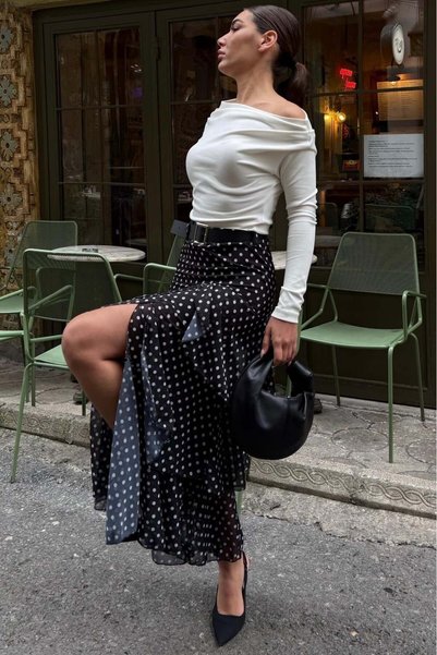 Black/White Belted Slit Polka Dot Patterned Flounce Skirt Mg2715