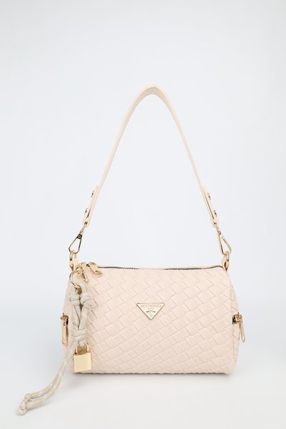 Women's Braided Cream Leather Lock Charm Detailed Hand Shoulder and Crossbody Bag Alice