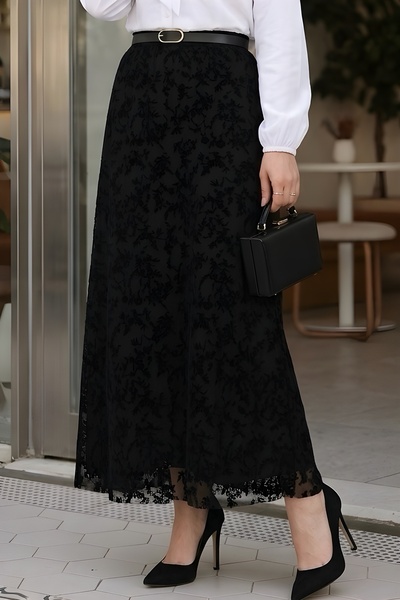 Black Flocked Guipure Skirt with Waist Belt and Lining