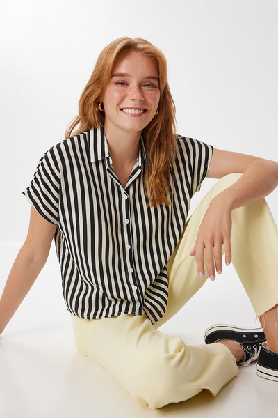 Striped Summer Viscose Shirt Lrn0005 Black White